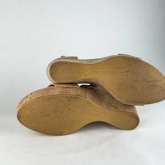 Stuart Weitzman Nude Patent Leather Cork Wedge Sandals - Elegant &amp; Versatile. 10