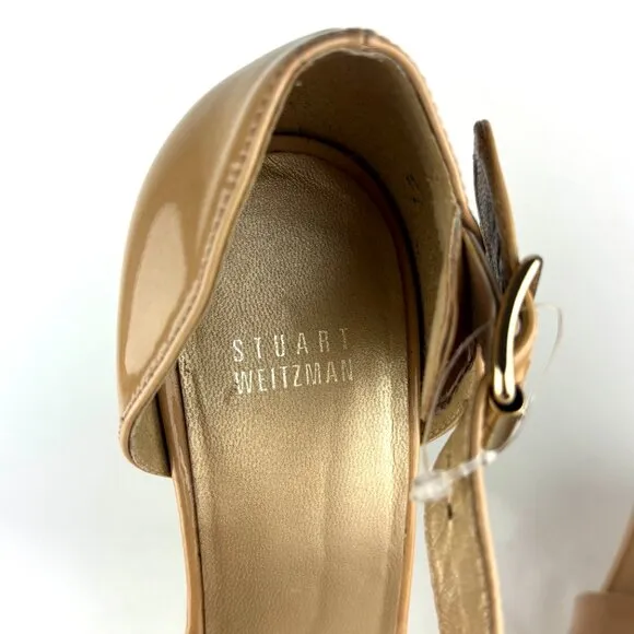 Stuart Weitzman Nude Patent Leather Cork Wedge Sandals - Elegant &amp; Versatile. 10