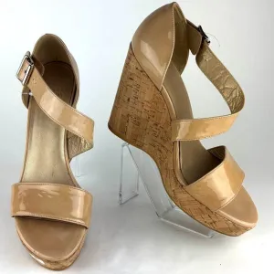 Stuart Weitzman Nude Patent Leather Cork Wedge Sandals - Elegant &amp; Versatile. 10