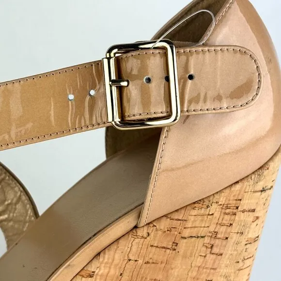 Stuart Weitzman Nude Patent Leather Cork Wedge Sandals - Elegant &amp; Versatile. 10