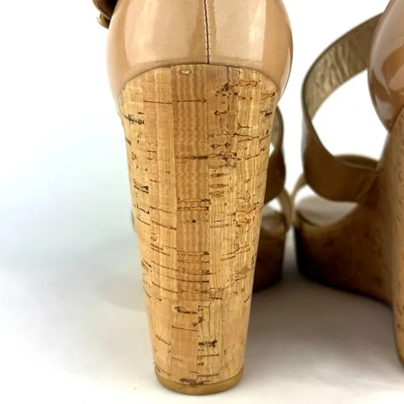 Stuart Weitzman Nude Patent Leather Cork Wedge Sandals - Elegant &amp; Versatile. 10