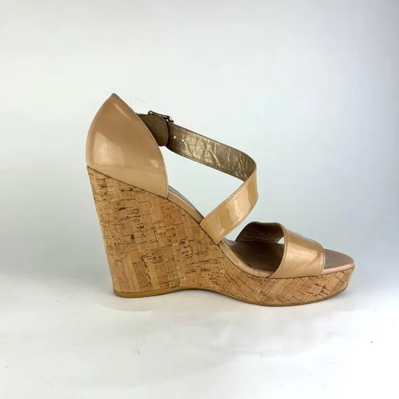 Stuart Weitzman Nude Patent Leather Cork Wedge Sandals - Elegant &amp; Versatile. 10