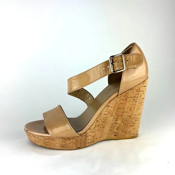 Stuart Weitzman Nude Patent Leather Cork Wedge Sandals - Elegant &amp; Versatile. 10