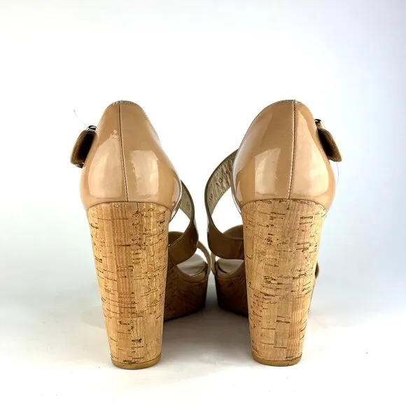 Stuart Weitzman Nude Patent Leather Cork Wedge Sandals - Elegant &amp; Versatile. 10
