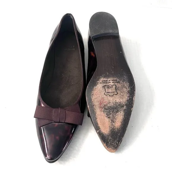 Stuart Weitzman Patent Leather Pointed Toe Tortoise Flats with bow 10 narrow