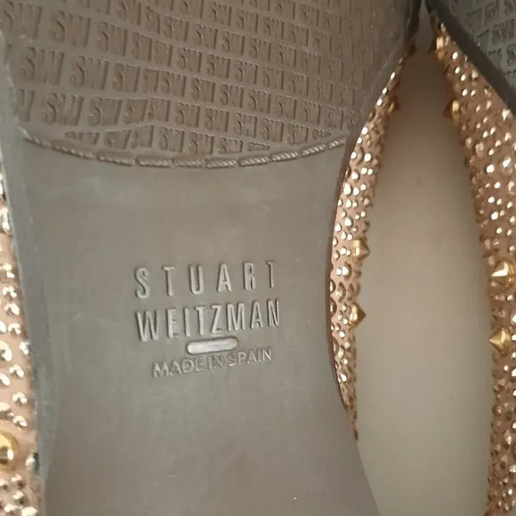 STUART WEITZMAN Studded Gold Silver Ballet Flats Jewelled Taupe Tan Gray 8.5