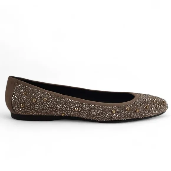 STUART WEITZMAN Studded Gold Silver Ballet Flats Jewelled Taupe Tan Gray 8.5