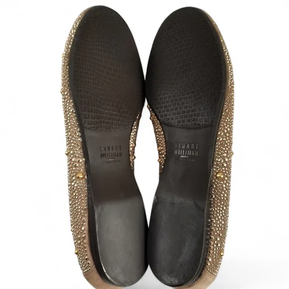 STUART WEITZMAN Studded Gold Silver Ballet Flats Jewelled Taupe Tan Gray 8.5