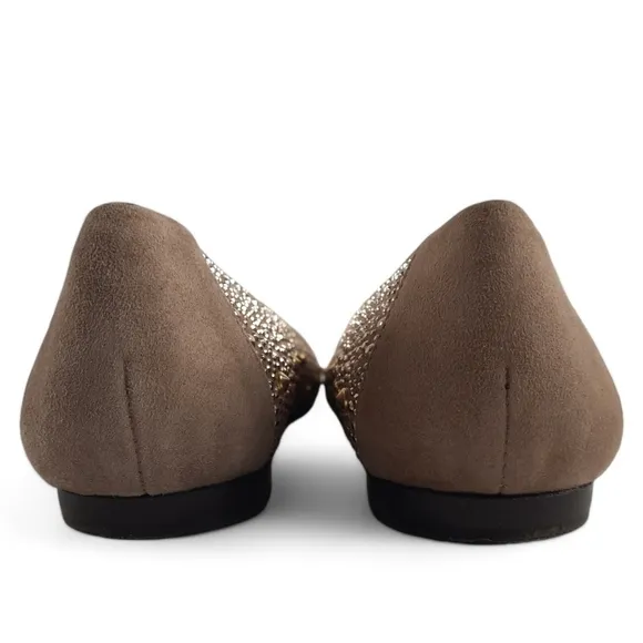 STUART WEITZMAN Studded Gold Silver Ballet Flats Jewelled Taupe Tan Gray 8.5