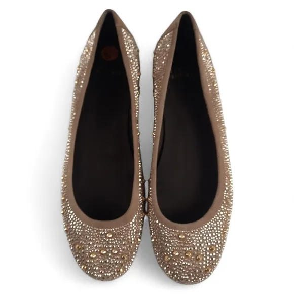STUART WEITZMAN Studded Gold Silver Ballet Flats Jewelled Taupe Tan Gray 8.5