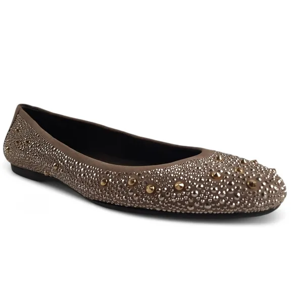 STUART WEITZMAN Studded Gold Silver Ballet Flats Jewelled Taupe Tan Gray 8.5