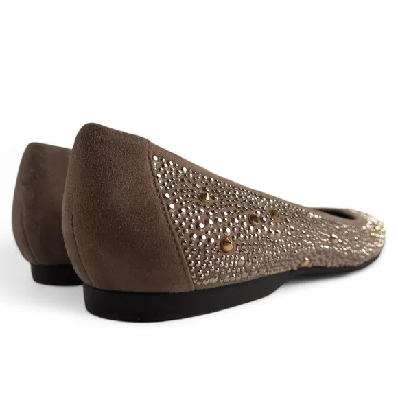 STUART WEITZMAN Studded Gold Silver Ballet Flats Jewelled Taupe Tan Gray 8.5