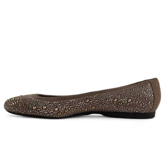STUART WEITZMAN Studded Gold Silver Ballet Flats Jewelled Taupe Tan Gray 8.5