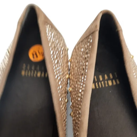 STUART WEITZMAN Studded Gold Silver Ballet Flats Jewelled Taupe Tan Gray 8.5