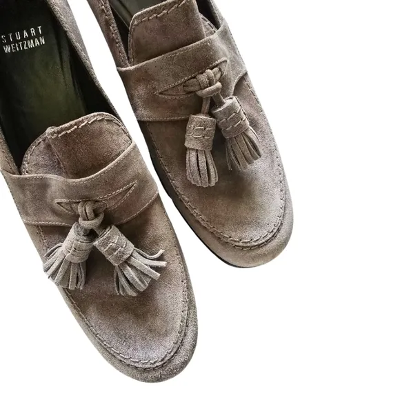 Stuart Weitzman Suede Tassel Loafers Wedges Taupe US 9M Platform