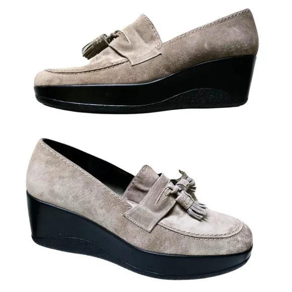 Stuart Weitzman Suede Tassel Loafers Wedges Taupe US 9M Platform