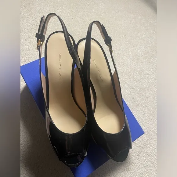 Stuart Weitzman Women’s Jean Black Patent Leather Wedge,‎ Size 10