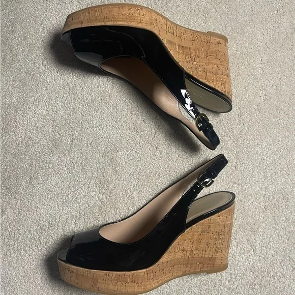 Stuart Weitzman Women’s Jean Black Patent Leather Wedge,‎ Size 10