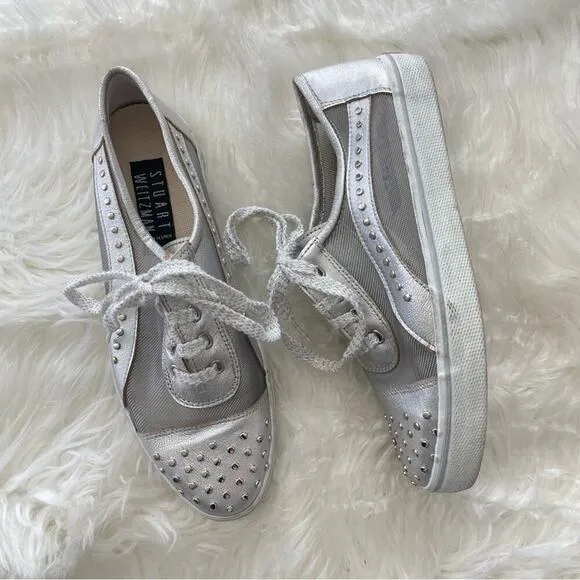 Stuart Weitzman | Women’s Silver Mesh Studded Studs Embellished Sneakers Shoes 7