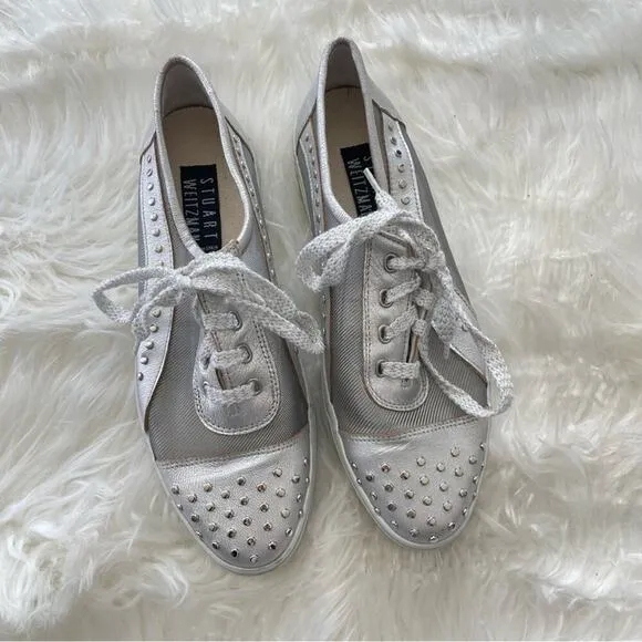 Stuart Weitzman | Women’s Silver Mesh Studded Studs Embellished Sneakers Shoes 7