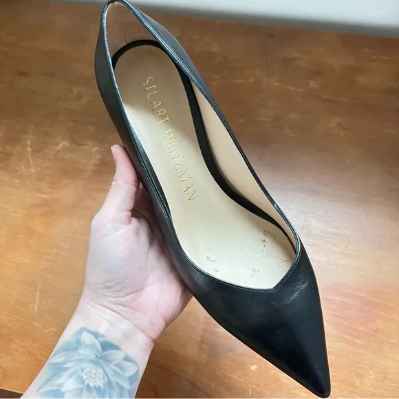 Stuart Wietzman Black Leather Kitten Heel Pump Pointed Toe Classic Business Shoe