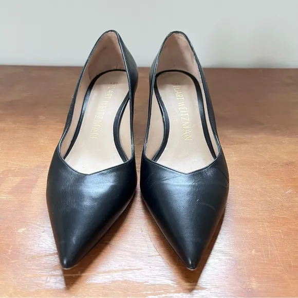 Stuart Wietzman Black Leather Kitten Heel Pump Pointed Toe Classic Business Shoe