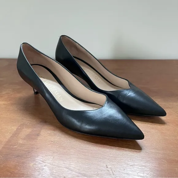 Stuart Wietzman Black Leather Kitten Heel Pump Pointed Toe Classic Business Shoe