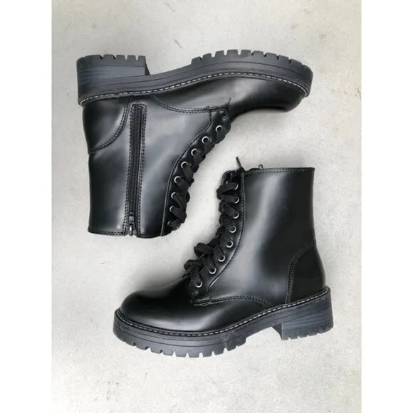 Sugar Womens Kaedy Faux Leather Combat &amp; Lace-up Boots Black Size 8M