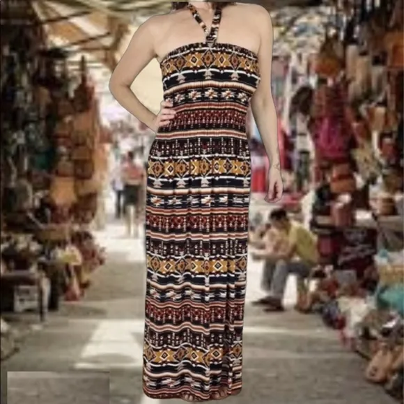 Sundance dress halter LONG tribal print stretch maxi beach cover up travel gown