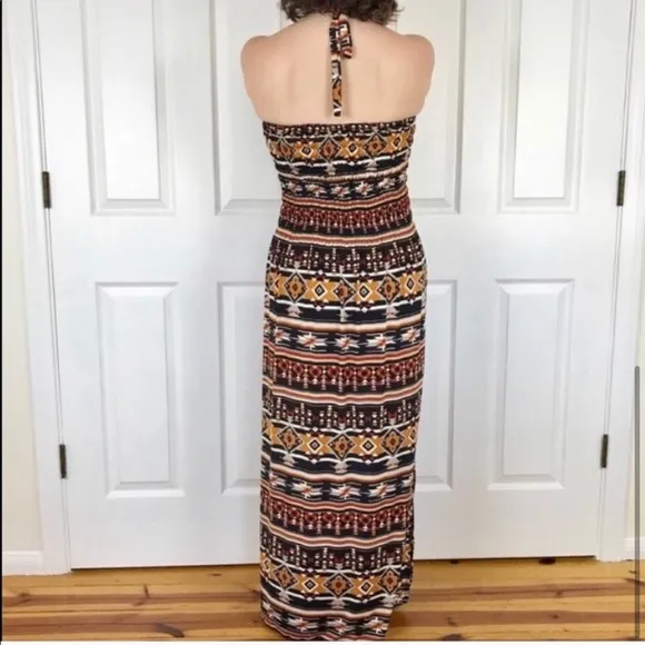 Sundance dress halter LONG tribal print stretch maxi beach cover up travel gown