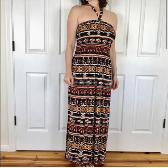 Sundance dress halter LONG tribal print stretch maxi beach cover up travel gown