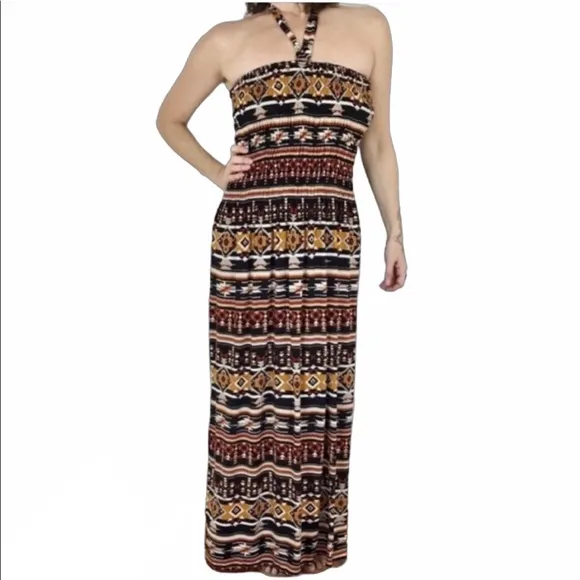 Sundance dress halter LONG tribal print stretch maxi beach cover up travel gown
