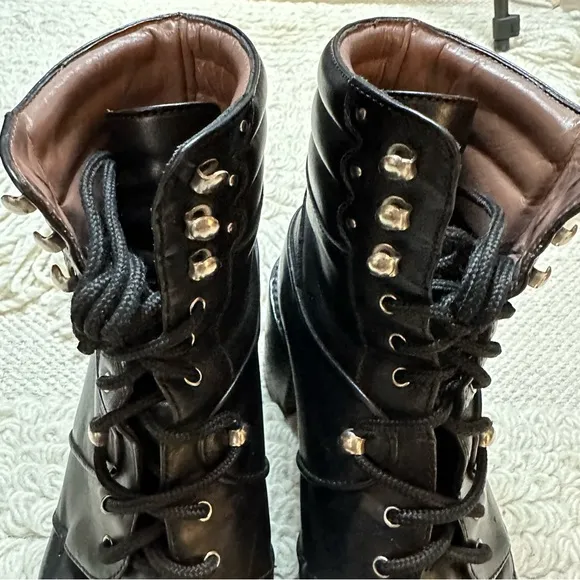TABITHA SIMMONS black leather Leo lace up heeled moto boots 38.5