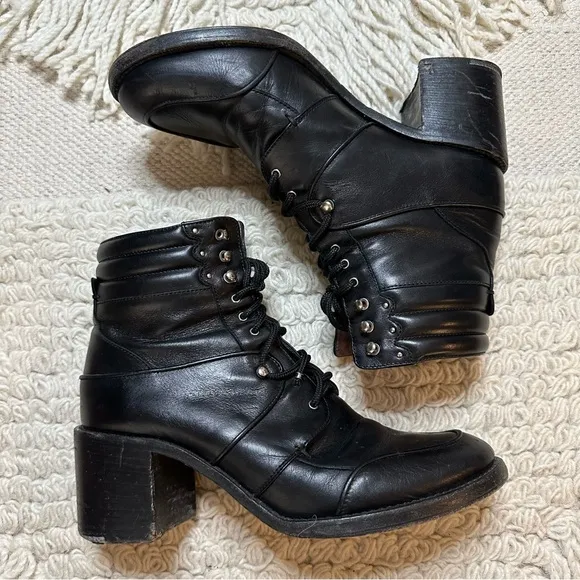 TABITHA SIMMONS black leather Leo lace up heeled moto boots 38.5