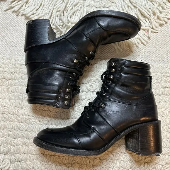 TABITHA SIMMONS black leather Leo lace up heeled moto boots 38.5