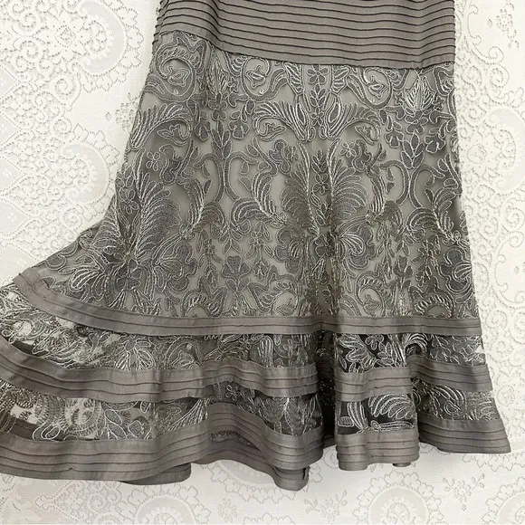 Tadashi Shoji Ariana Metallic Smoke Pearl Tulle Lace Pintuck Waist Dress