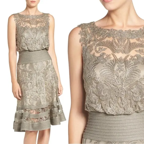 Tadashi Shoji Ariana Metallic Smoke Pearl Tulle Lace Pintuck Waist Dress