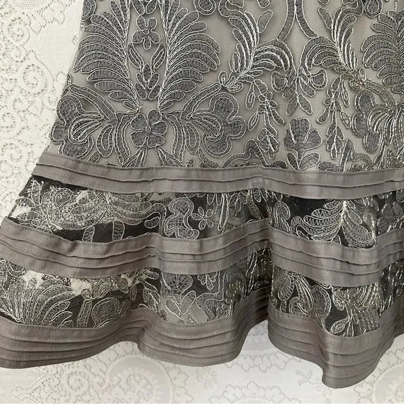 Tadashi Shoji Ariana Metallic Smoke Pearl Tulle Lace Pintuck Waist Dress