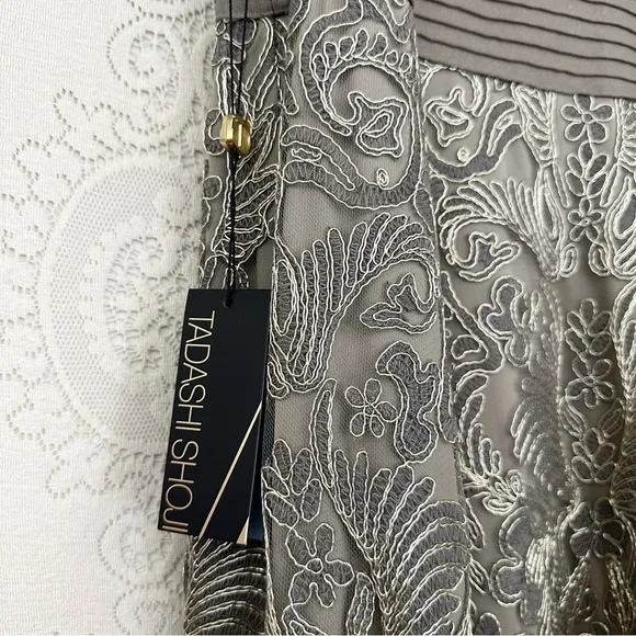 Tadashi Shoji Ariana Metallic Smoke Pearl Tulle Lace Pintuck Waist Dress