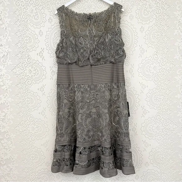 Tadashi Shoji Ariana Metallic Smoke Pearl Tulle Lace Pintuck Waist Dress