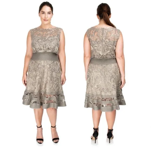 Tadashi Shoji Ariana Metallic Smoke Pearl Tulle Lace Pintuck Waist Dress