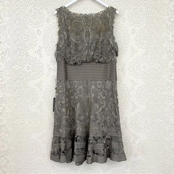 Tadashi Shoji Ariana Metallic Smoke Pearl Tulle Lace Pintuck Waist Dress