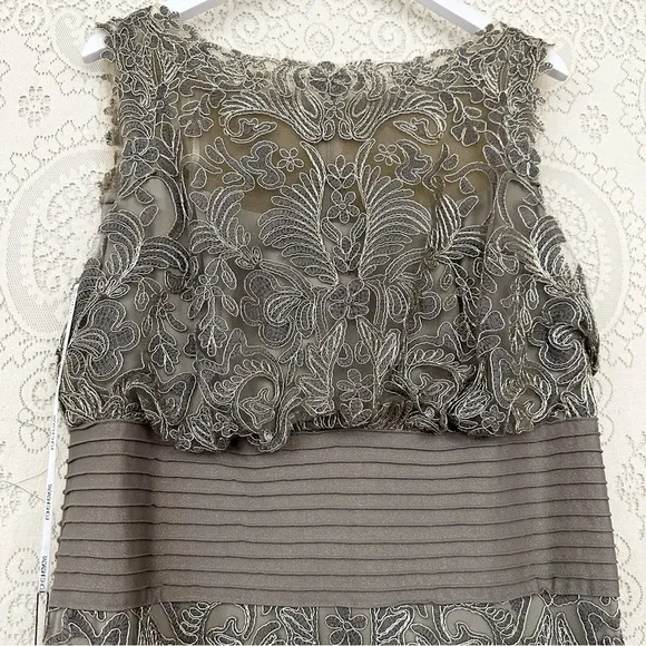 Tadashi Shoji Ariana Metallic Smoke Pearl Tulle Lace Pintuck Waist Dress