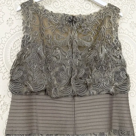 Tadashi Shoji Ariana Metallic Smoke Pearl Tulle Lace Pintuck Waist Dress