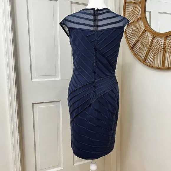 TADASHI SHOJI Dress Sz M Navy Blue Bandage, Illusion Boat Neck, Event, Cocktail
