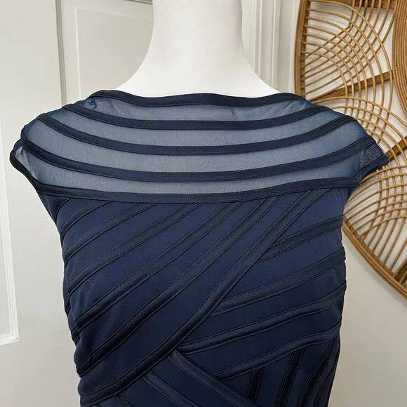 TADASHI SHOJI Dress Sz M Navy Blue Bandage, Illusion Boat Neck, Event, Cocktail