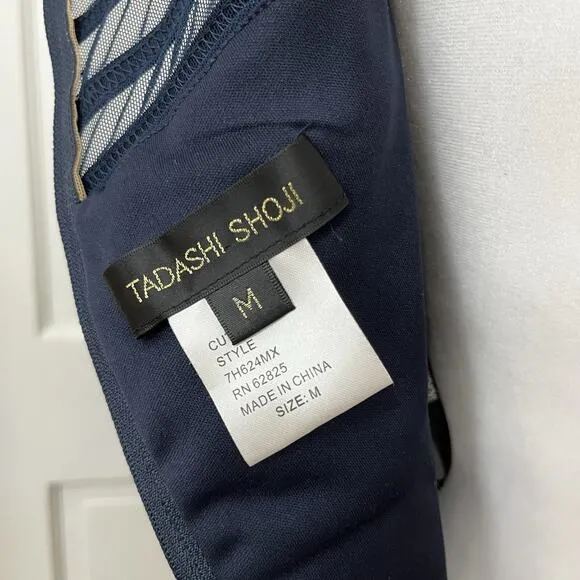 TADASHI SHOJI Dress Sz M Navy Blue Bandage, Illusion Boat Neck, Event, Cocktail