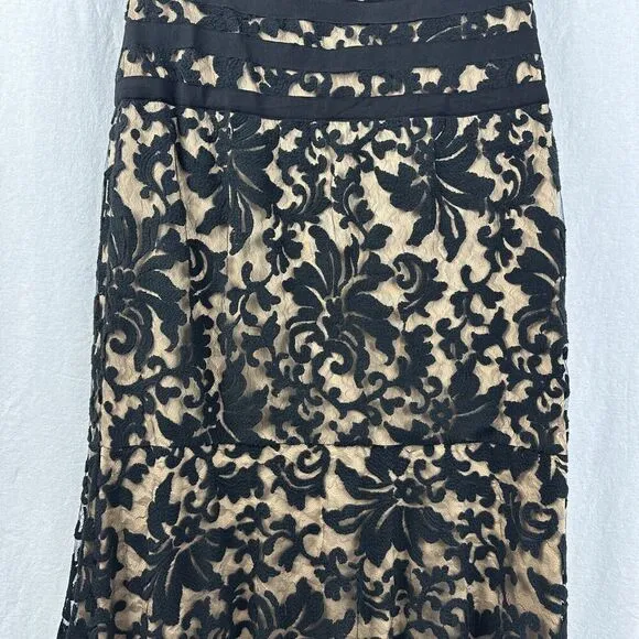 Tadashi Shoji Embroidered Black Lace Nude Lined Boat Neck Cap Sleeve Gown 14