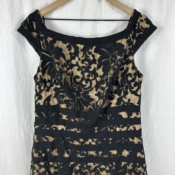 Tadashi Shoji Embroidered Black Lace Nude Lined Boat Neck Cap Sleeve Gown 14