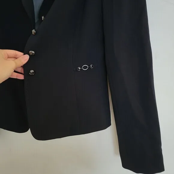 Tahari Navy Blue Button Front Long Sleeve Career Blazer Jacket Size 4